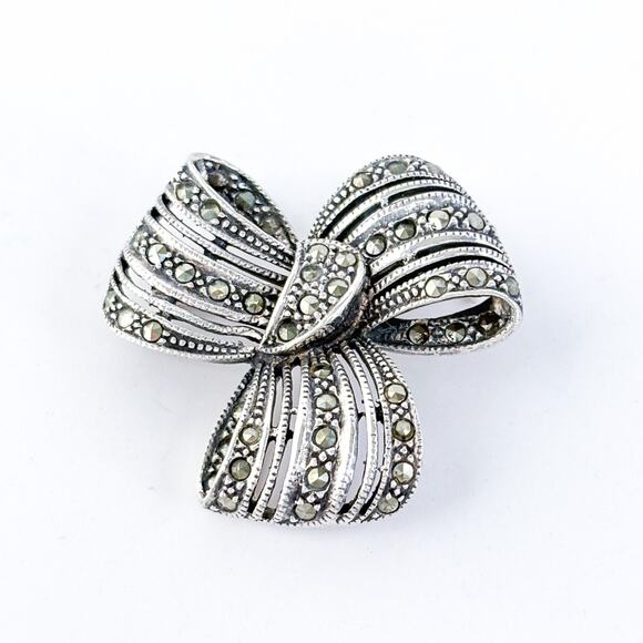 Vintage Thailand Sterling Silver 925 Marcasite Ribbon Bow Brooch Pin - Picture 2 of 7